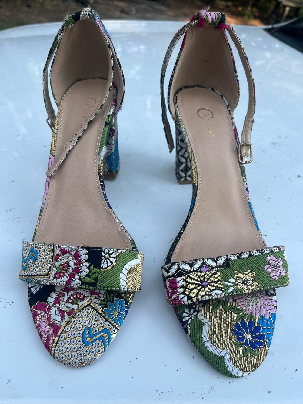 Floral Embroidered Block Heel Sandals - Size 9